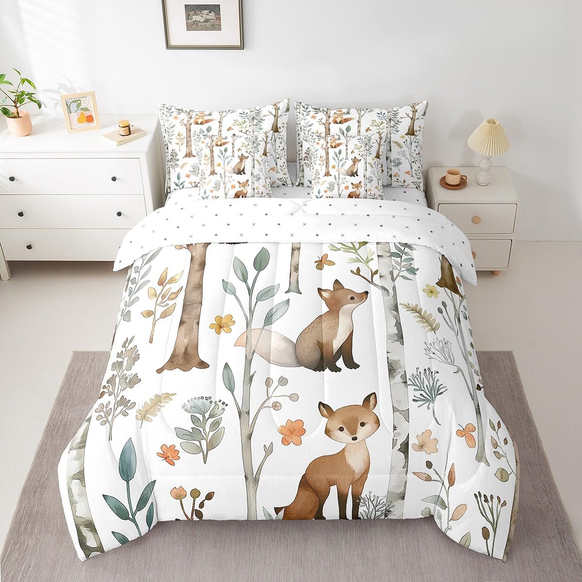 Erosebridal Cartoon Squirrels Bedding Set for Kids Teens,Botanical Trees Leaves Comforter Set Full Size,Cute Animal (Comforter+Fitted+Flat Sheet+2 Pillowcases+2 Throw Pillow Covers) 7 Pieces Bed Set
