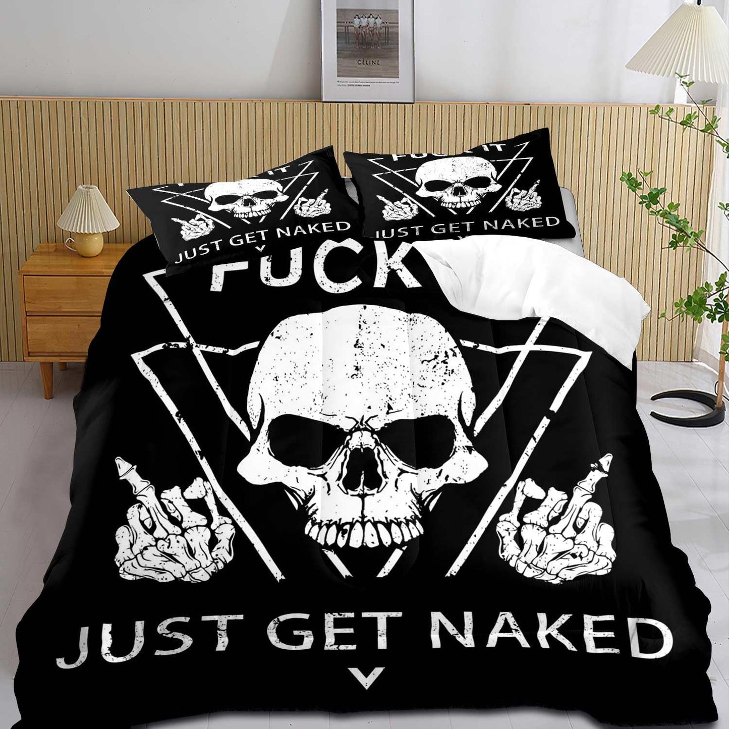 LUVIVIHOME 3PCS Skull Comforter Set King Size, Black and White Comforter, Fuck It Just Get Naked Bedding Sets, Skeleton Funny Bedroom Decor for Men Women, Soft Microfiber Quilt, 2 Pillow Shams