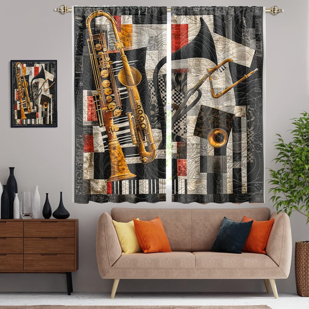 XSUPFLYM Vintage Jazz Music Instrument Window Thermal Curtain for Living Room Rustic Abstract Art Old Antique Saxophone Musician Blackout Curtains for Bedroom 2 Panels Each 21" W x 54" L