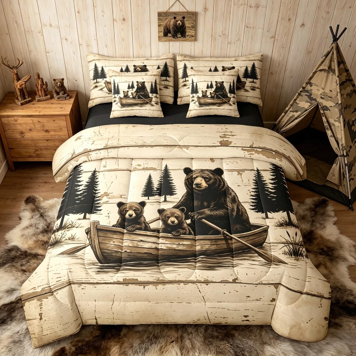 Feelyou Bear Comforter Set with Sheets 7 Piece Twin Size Rustic Cabin Country Bed in a Bag Kids Boys Girls Lake Life Bedding Set Wild Animal Bedroom Decor