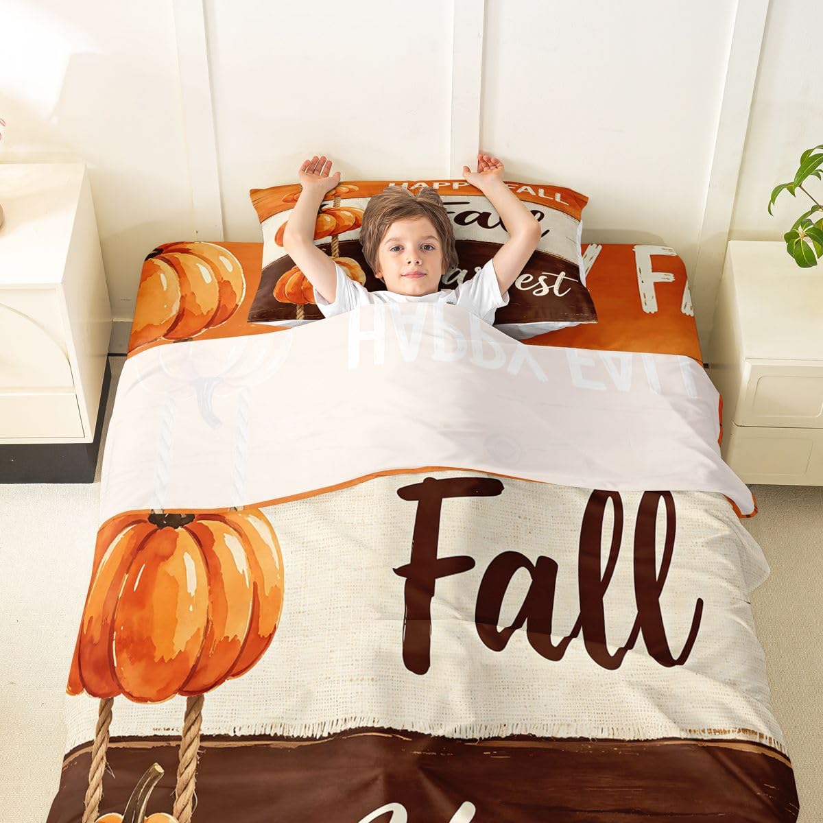 Erosebridal Fall Harvest Bed Sheets Twin Size Rope Hanging Pumpkin Sheet Set Rustic Wooden Art Bedding Set Minimalist Autumn Sheets