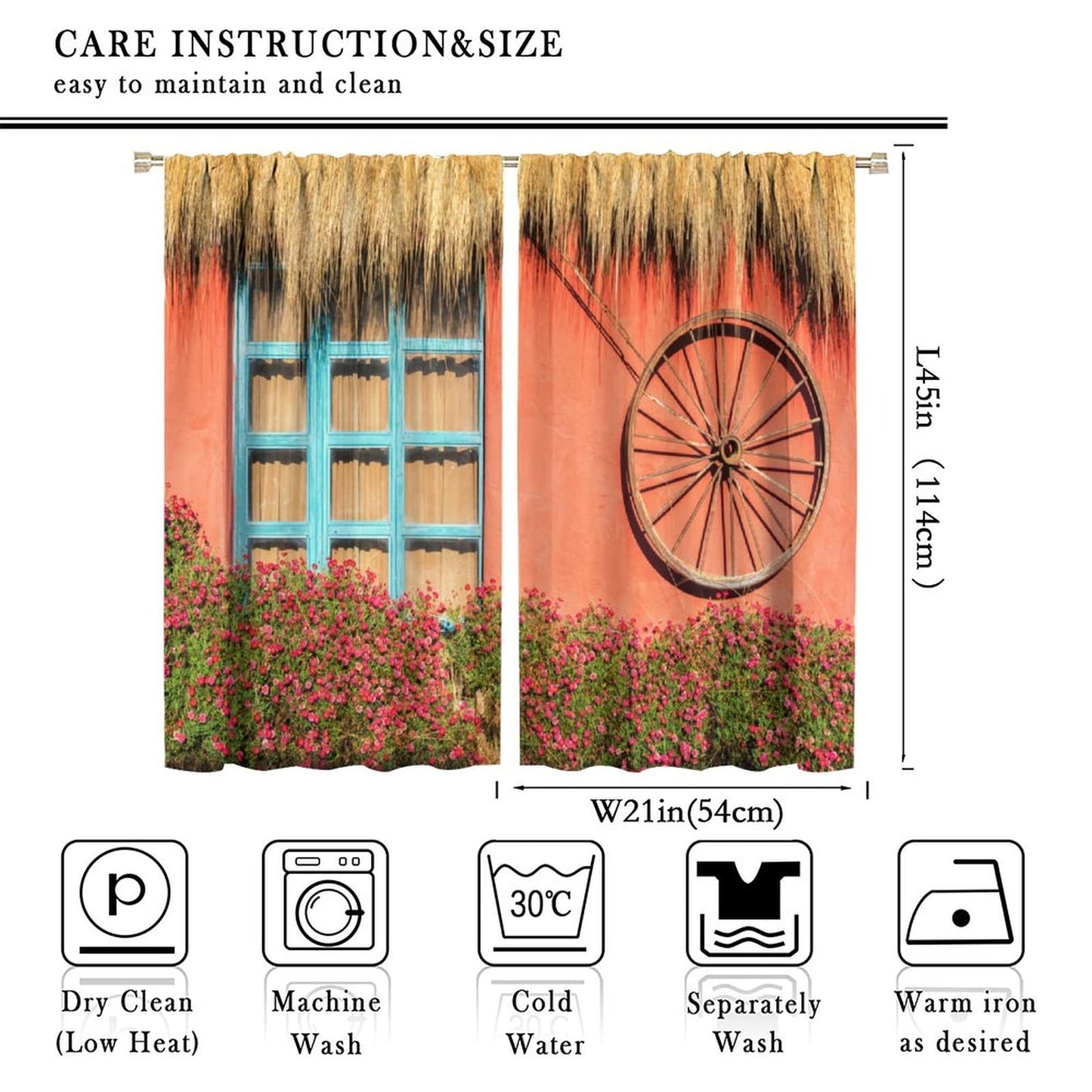 Wooden Door Curtains,Flowers and Wagon Wheel Theme Room Darkening Door Window Rod Pocket Curtain for Living Room Bedroom Kitchen Bathroom W42xL45in
