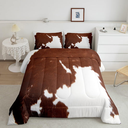 Cow Print Comforter Set Queen Size,Cowhide Print Bedding Set Teens Adults,Farmhouse Animal Hair Down Comforter,Rustic Western Bedding For Kids Boys Girls Teens Adult Bedroom Decor, Brown White