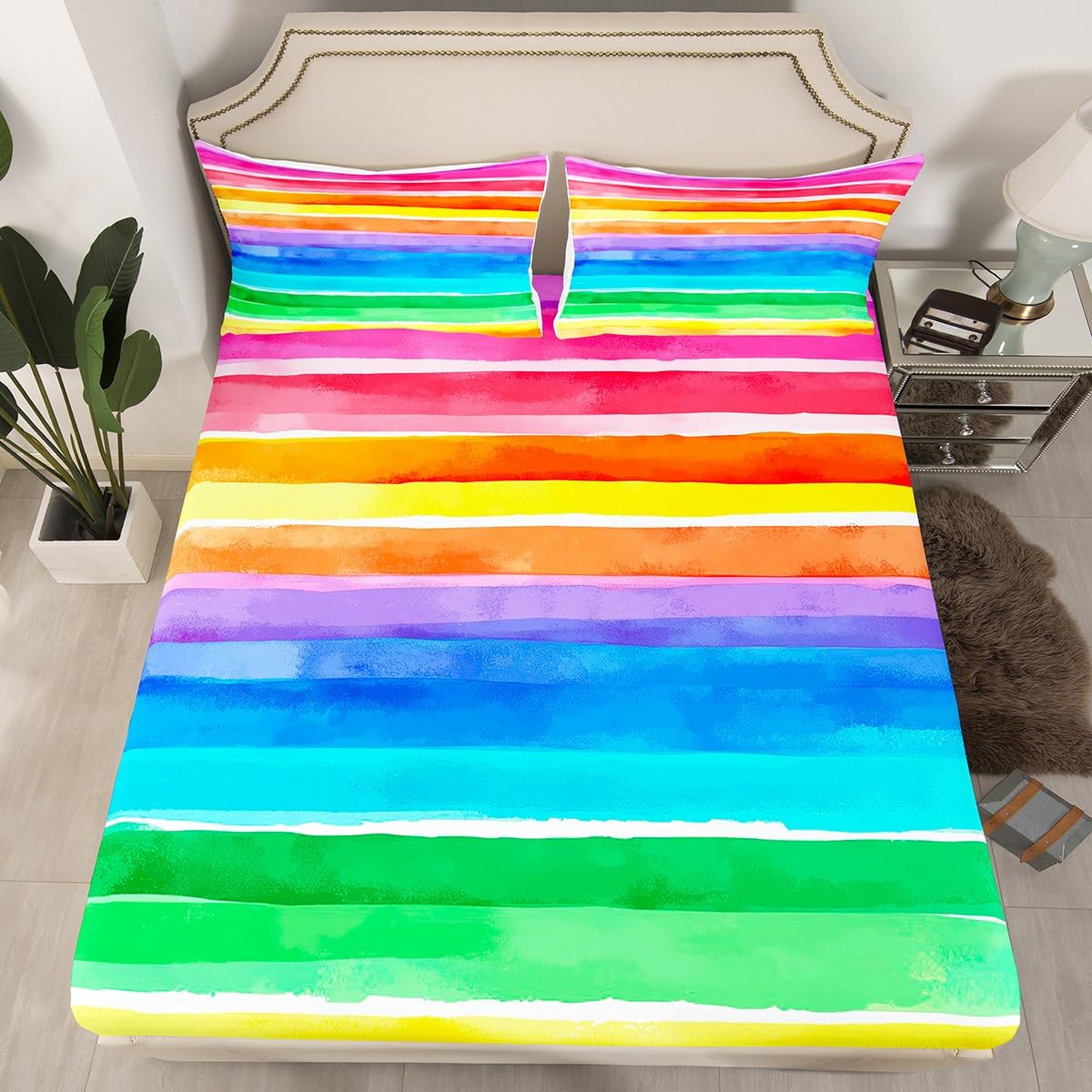 Feelyou Rainbow Bedding Fitted Sheet with Colorful Stripes - 1 Bed Sheet Set with 2 Pillowcases for Kids - Full Size