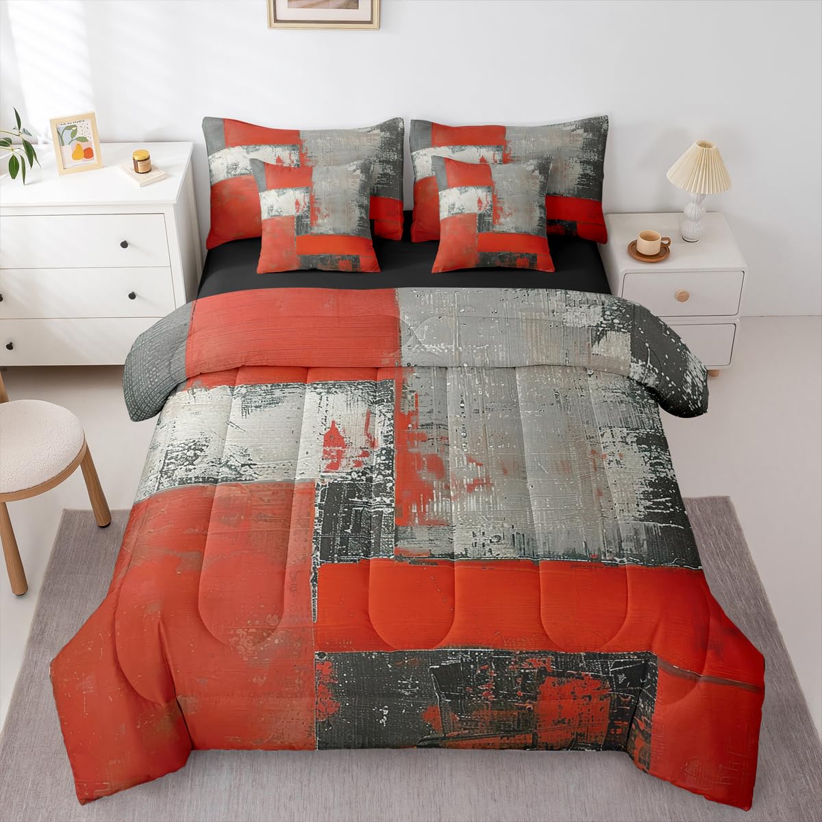 Feelyou Abstract King Comforter Set with Sheets for Kids Boys Girls Modern Abstract Art 7 Pieces Bedding Set Luxury Bed in a Bag Geometric Room Decor Red Gray Soft Lightweight Microfiber