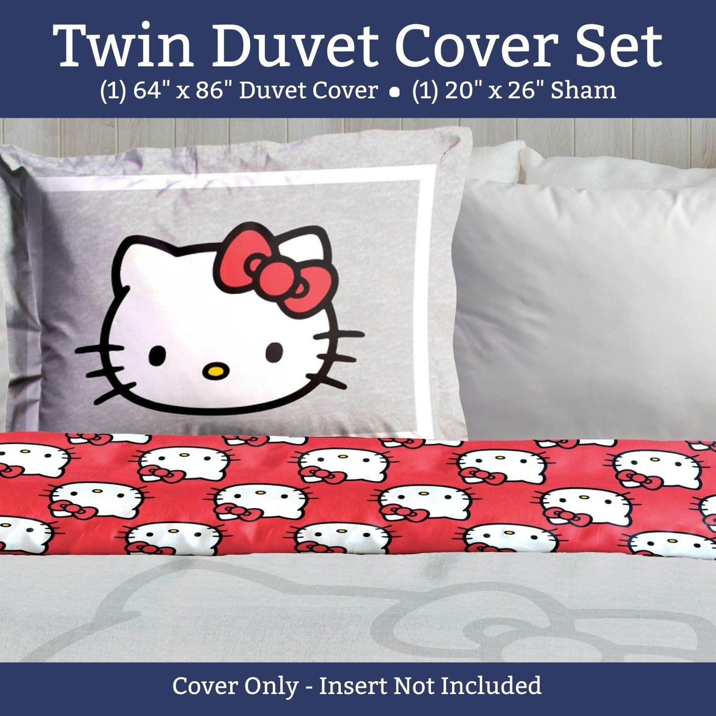 Jay Franco Duvet Cover Set – 2 Piece Comforter Cover and Sham Set, Super Soft Cozy Bedding (Insert Not Included) Grey - Hello Kitty, Twin
