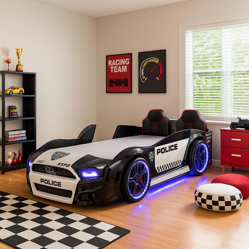 Luxury Race Car Bed for Kids – LED Lights, Sports Car Design, Sound Effects, Twin, Ergonomic & Comfortable Sleeping Experience (Police)