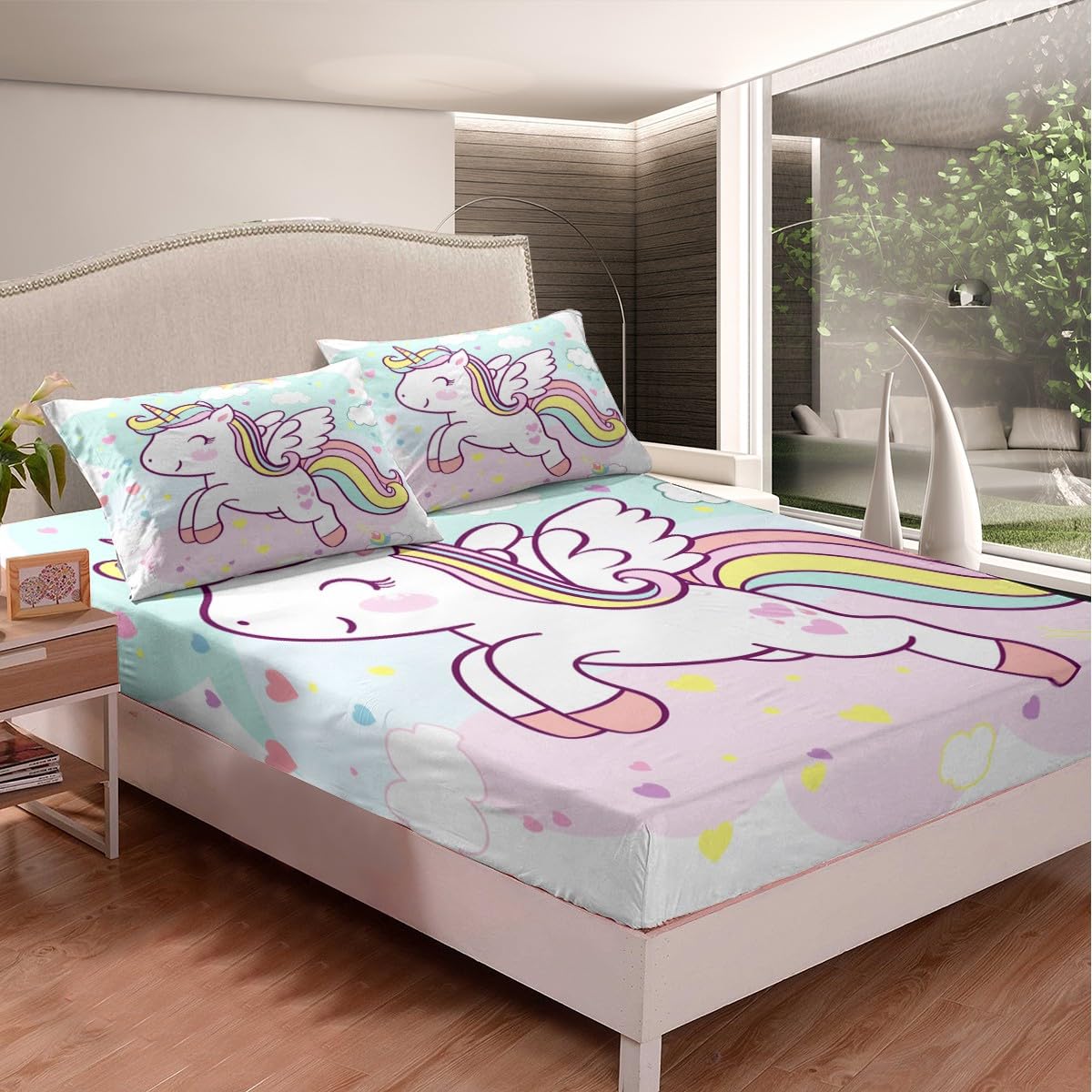 Kawaii Unicorn Kids Fitted Sheet Full Size,Rainbow Love Heart Clouds Bedding Set,Girls Women Room Decor,Cartoon Animal Princess Bed Cover,Pink Teal Bed Sheet,2 Pillowcases
