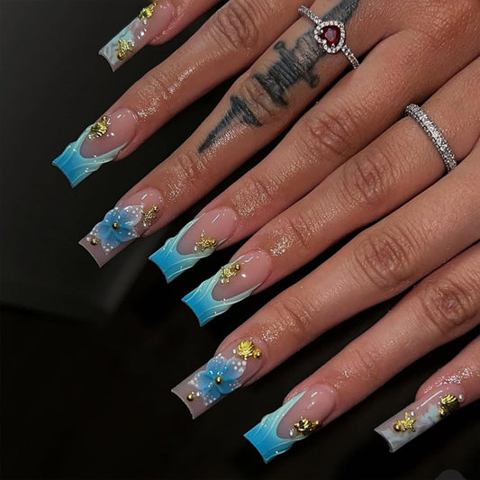 24Pcs Blue Flower Press on Nails Medium Square French Tip Fake Nails Luxury Gems with Gold Glitter Shell Starfish Design Spring Summer Stick on Nails Full Cover Artificial Glue on Nails for Women