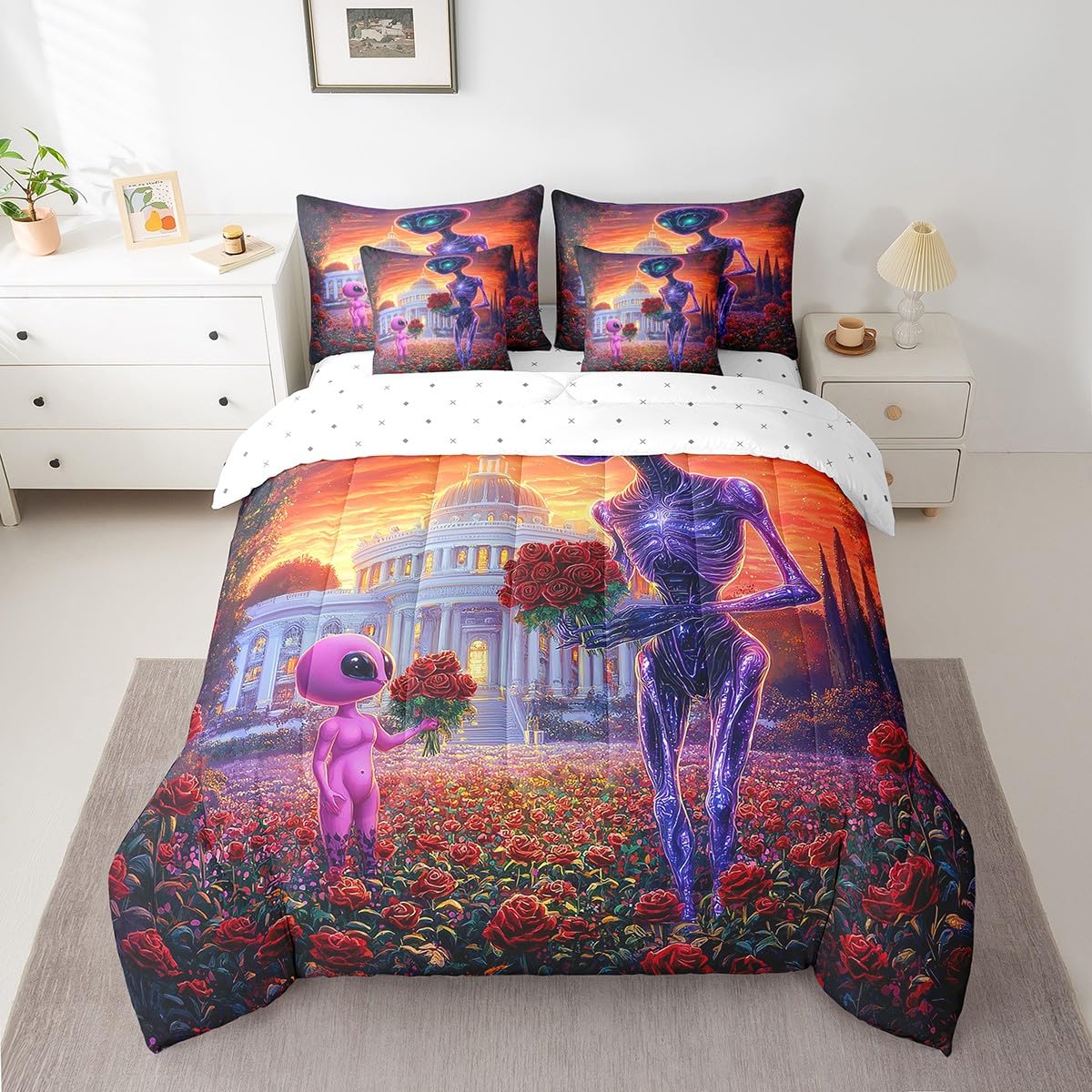 Erosebridal Space Alien Full Size Comforter Set Red Roses Valentine's Day Bed in A Bag for Adults Men Women,Cartoon Alien Couple 7 Piece Bedding Set Romantic Flowers Garden Bed Set