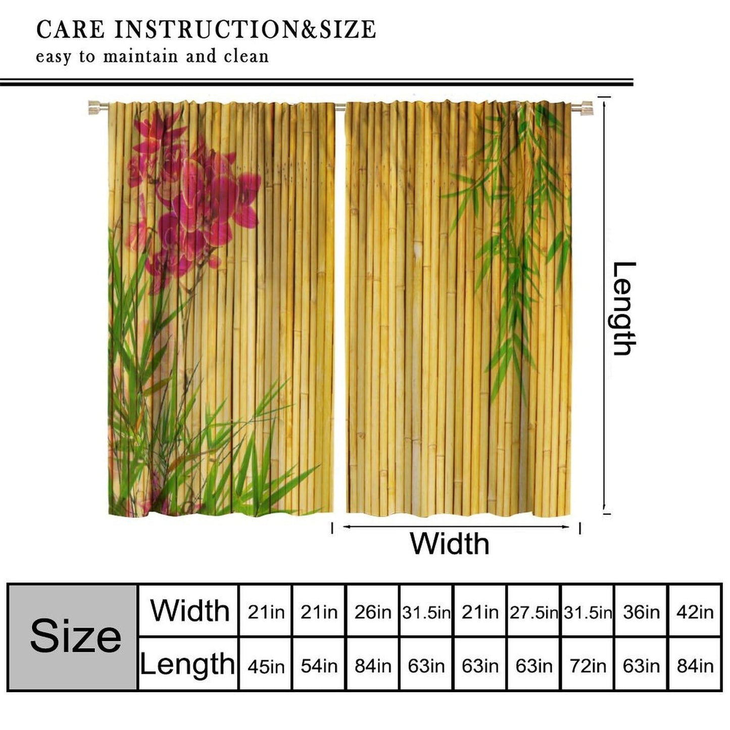 TYVGICZ Bamboo Floral Curtains, Elegantly Bamboo Asian Japanese Chinese Leaves Yellow Red Pink Green Window Treatments for Bedroom Living Room Drapes 2 Panels 42x45 Inch