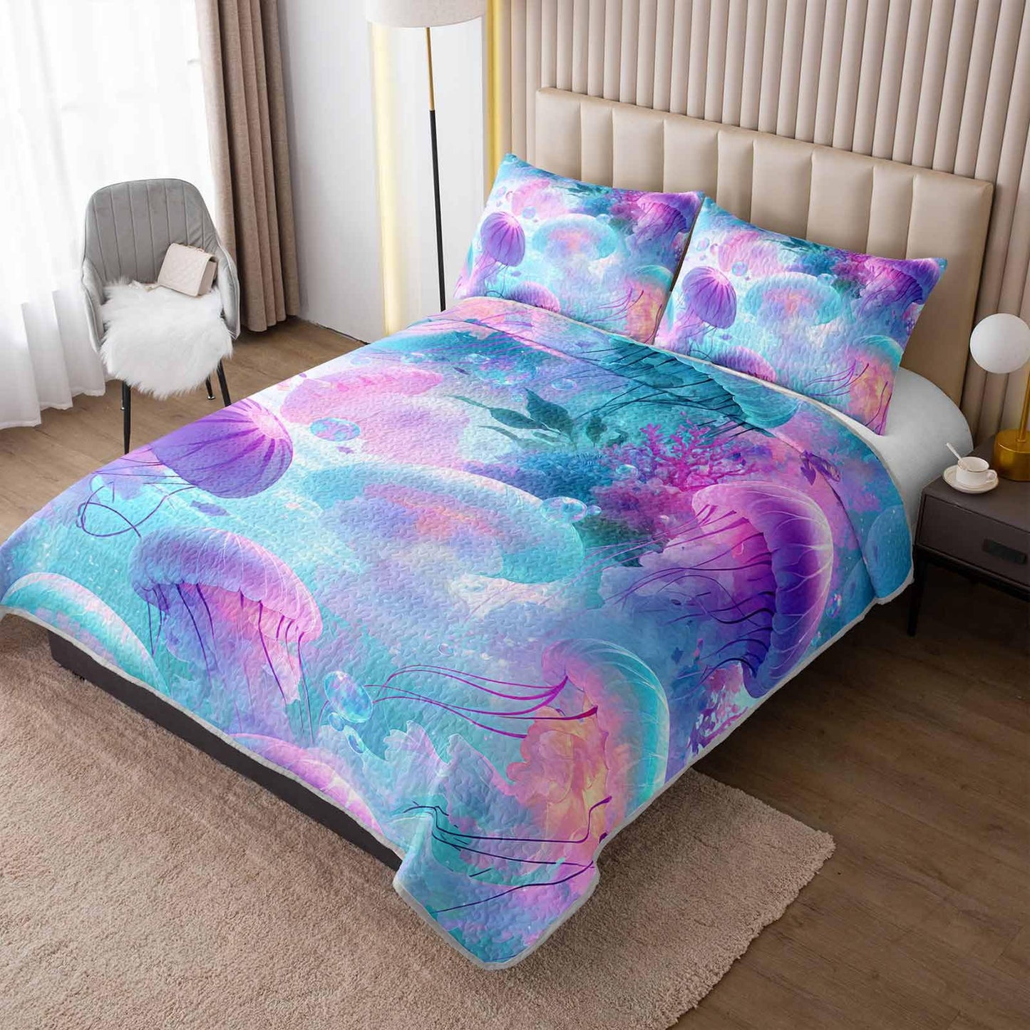 AILONEN Full Quilted Comforter 3-Piece Set Magenta Jellyfish Bedspread Coverlet 2 Pillowcases Soft Cyan Marine Bedding for Teens Guest Apartment Underwater Ethereal Aquatic Sea Glow