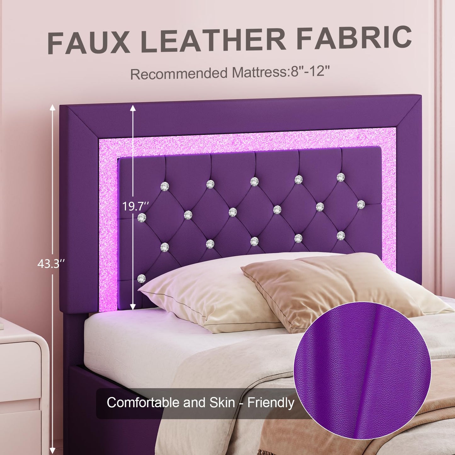Twin Bed Frames with Storage Drawers and LED Lights, Upholstered Bed with Crystal Tufted Headboard, Princess Platform Bed with Wooden Slats Support, No Box Spring Needed, Purple