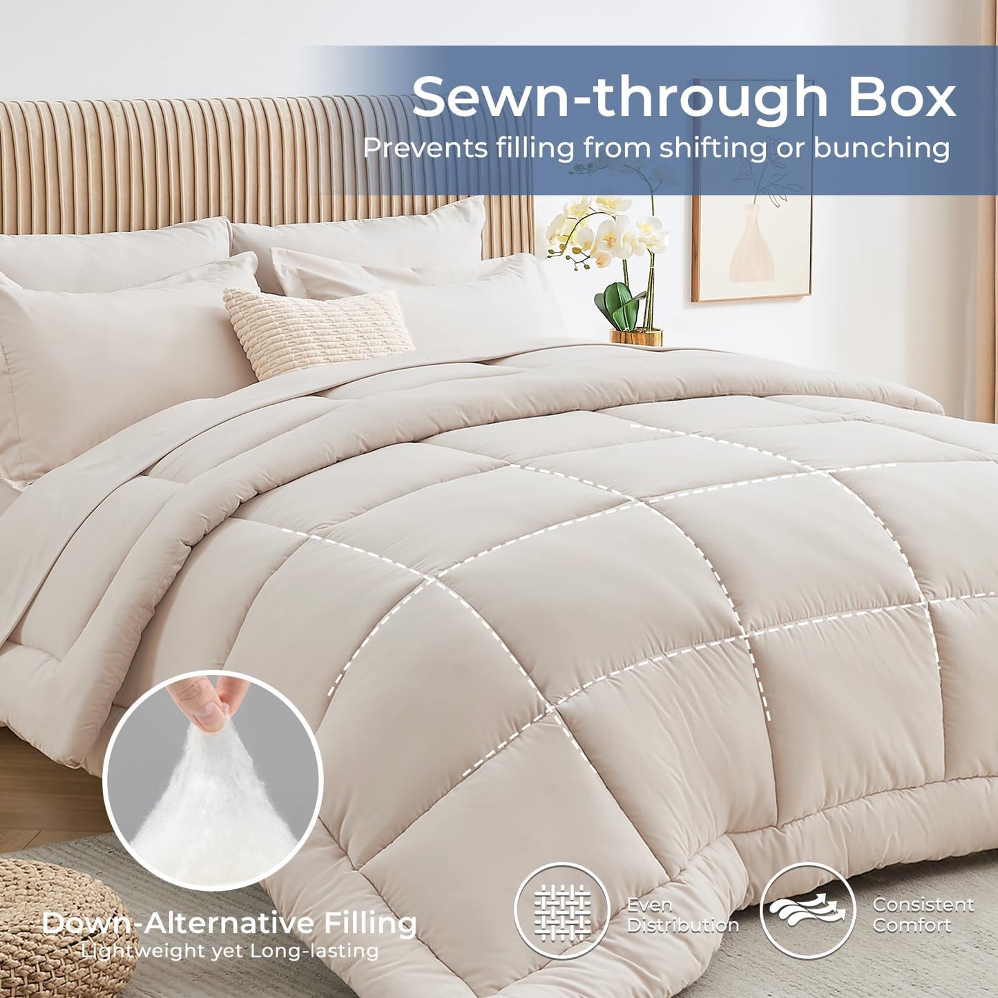 Sasttie Queen Comforter Set, Beige 7 Pieces Bed in a Bag Queen, Complete Bedding Set Includes Comforter, Flat Sheet, Fitted Sheet, Pillowcases and Pillow Shams, Beige