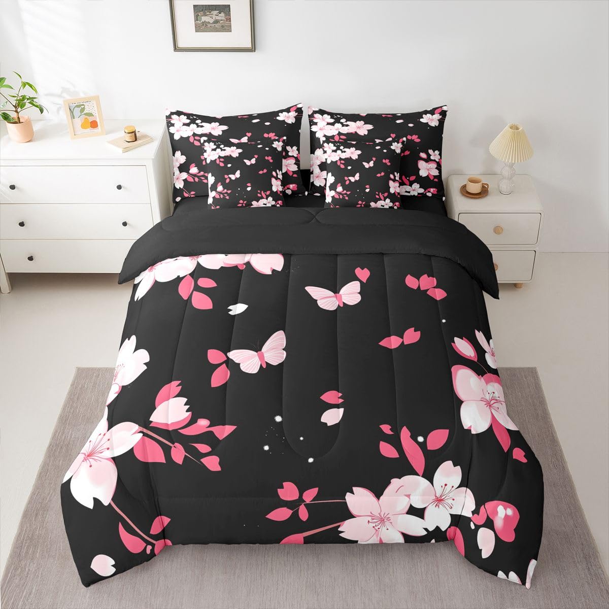 Erosebridal Cherry Blossom 7 Piece Bedding Set Queen Size Butterfly Bed in A Bag Japanese Spring Comforter with Sheets Japanese Style Romantic Theme Pink Bed Sets