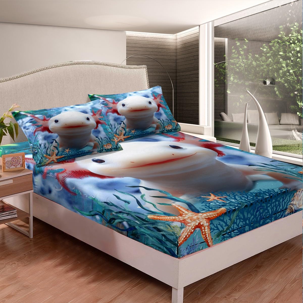 Cute Axolotl Fitted Sheet Set Full Size 4 Pcs,Seaweed Coral Conch Bedding Set(1 Fitted,1 Flat,2 Pillows),Sea Creatures Theme Luxury Deep Pocket Bed Sheets for Girls Teens Room