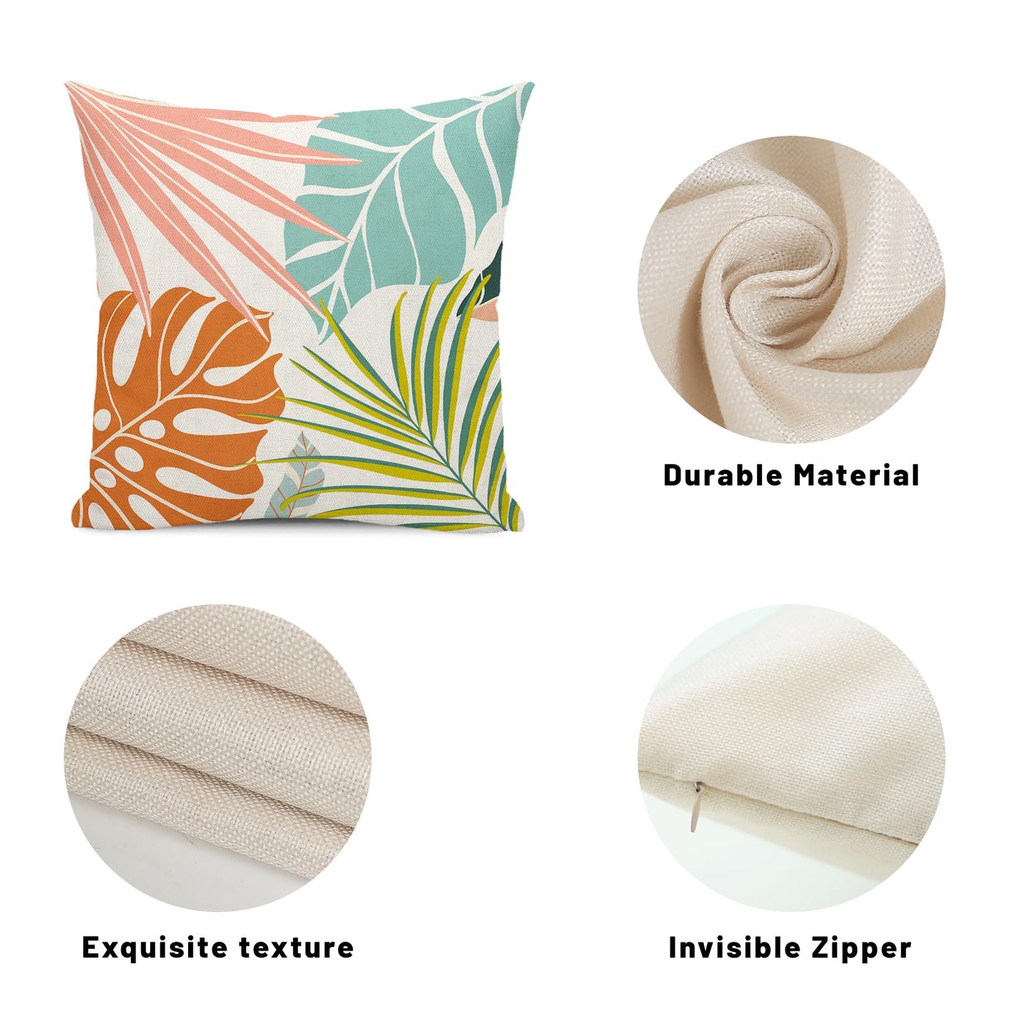 GOLIANDA Summer Tropical Pillow Covers 18x18 Set of 2, Monstera Palm Leaf Pillowcase Green Orange Botanical Coral Summer Throw Pillows Outdoor Decor Farmhouse Cushion Case Linen Decorative for Home
