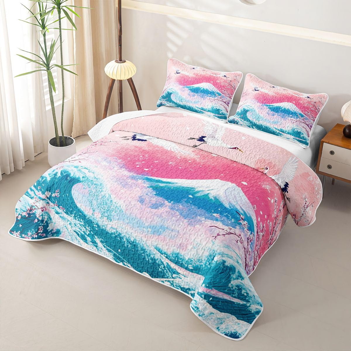 Erosebridal Pink Ocean Waves Quilts Twin Size - Japanese Style Bedspread Coverlet Set, Japanese Cherry Blossom Fuji Mountain Quilt Coverlets 2Pcs (Only 1 Pillowcase)