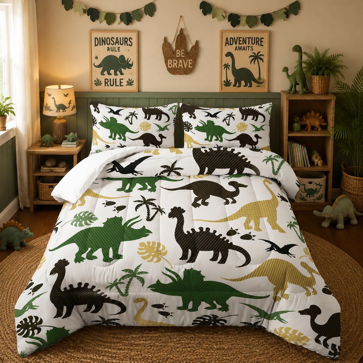 Nttopship Cartoon Dinosaur Comforter Set Twin Size 3 PCS,Green Dinosaur Printed Quilt Set for Bedroom Soft Microfiber All Season Print Quilt Set with 1 Comforter and 2 Pillow Case
