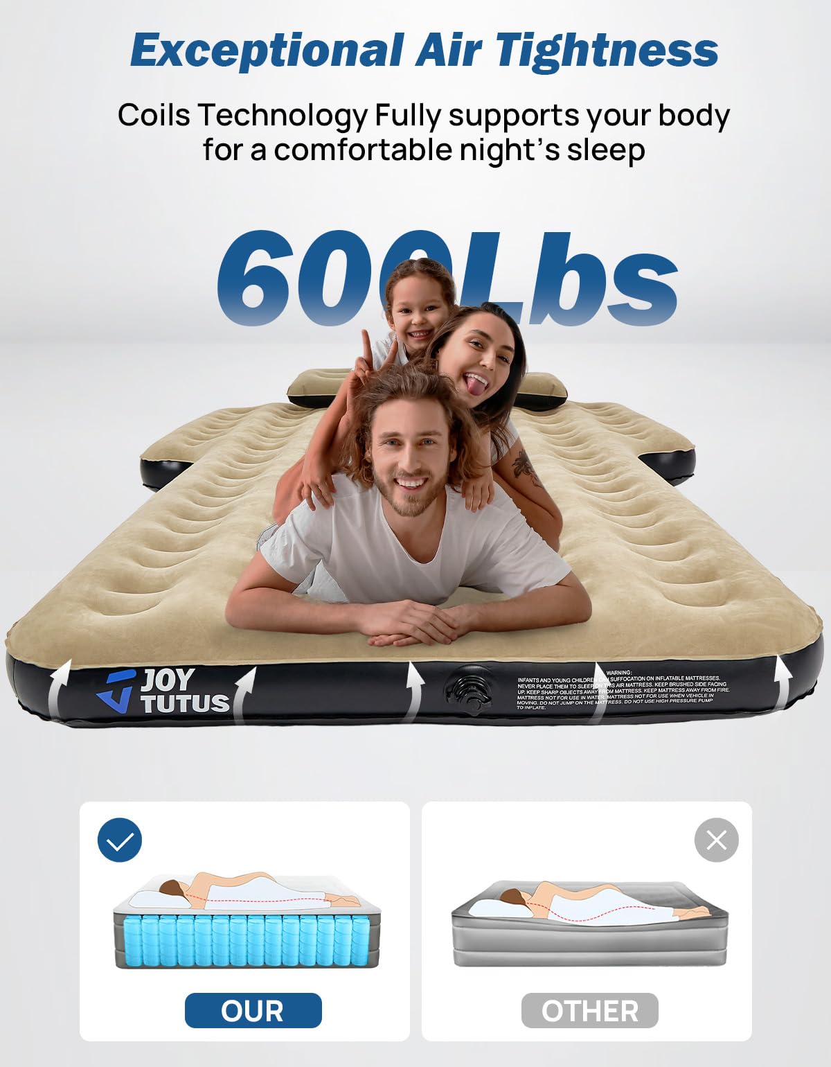 JOYTUTUS SUV Air Mattress Camping Bed,3.0 Thickened Flocking Car Camping Inflatable Mattress,Anti-Leakage,with 2 Pillows & Electric Pump Universal Car Bed for SUV Trunk and Rear Seat,Camel