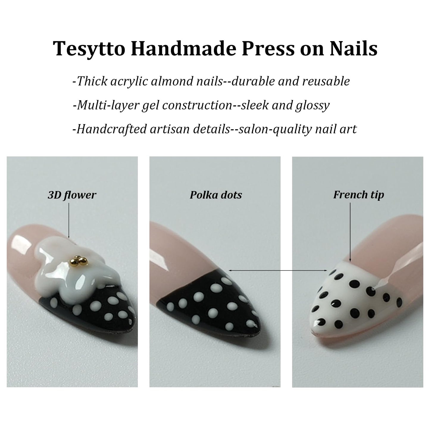 Tesytto Press On Nails Medium Almond, Handmade 3D Flower Polka Dot Fake Nails, French Tip Nude Black White Acrylic Nails, Reusable Press-On Nail Kit (Pink Polka Floral Rhyme,M)