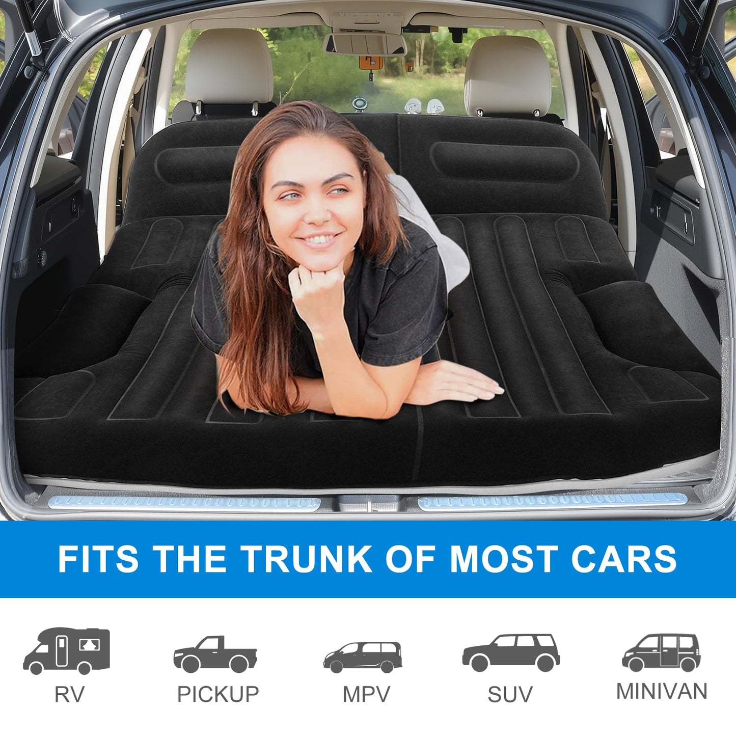 KMZ SUV Air Mattress with Electric Pump, Thick Double-Sided Flocked Camping Bed, Includes 2 Pillows & 2 Window Screens, Inflatable Travel Mattress for SUV Trunk and Rear Seat – Black