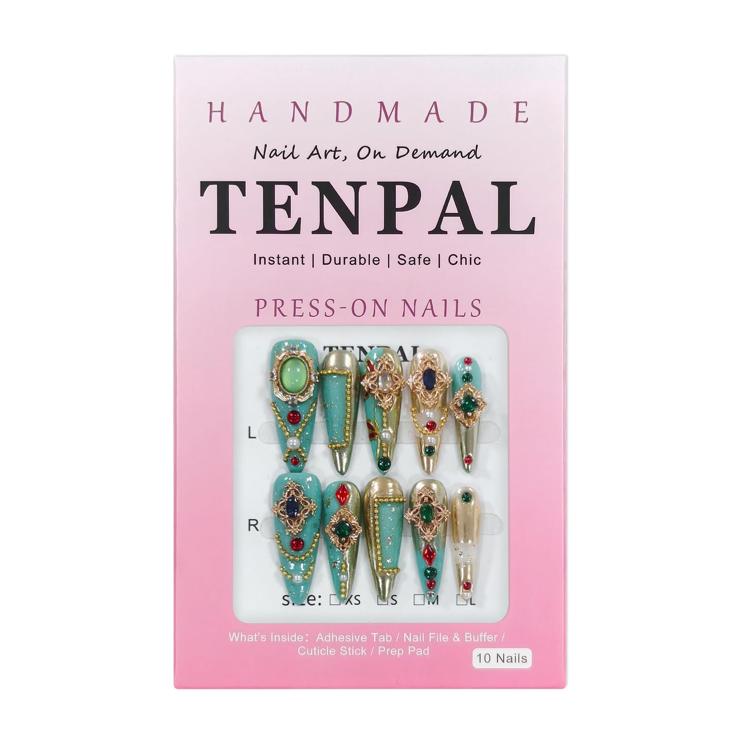 TENPAL Handmade Palatial Press On Nails Long Stiletto,Heirloom Chrysoberyl & Ruby Inlaid Designs Glue on Nails, Artisan Cameo False Nails 10Pcs with Tools Kit,Reusable Wedding Fake Nails for Bride(S)