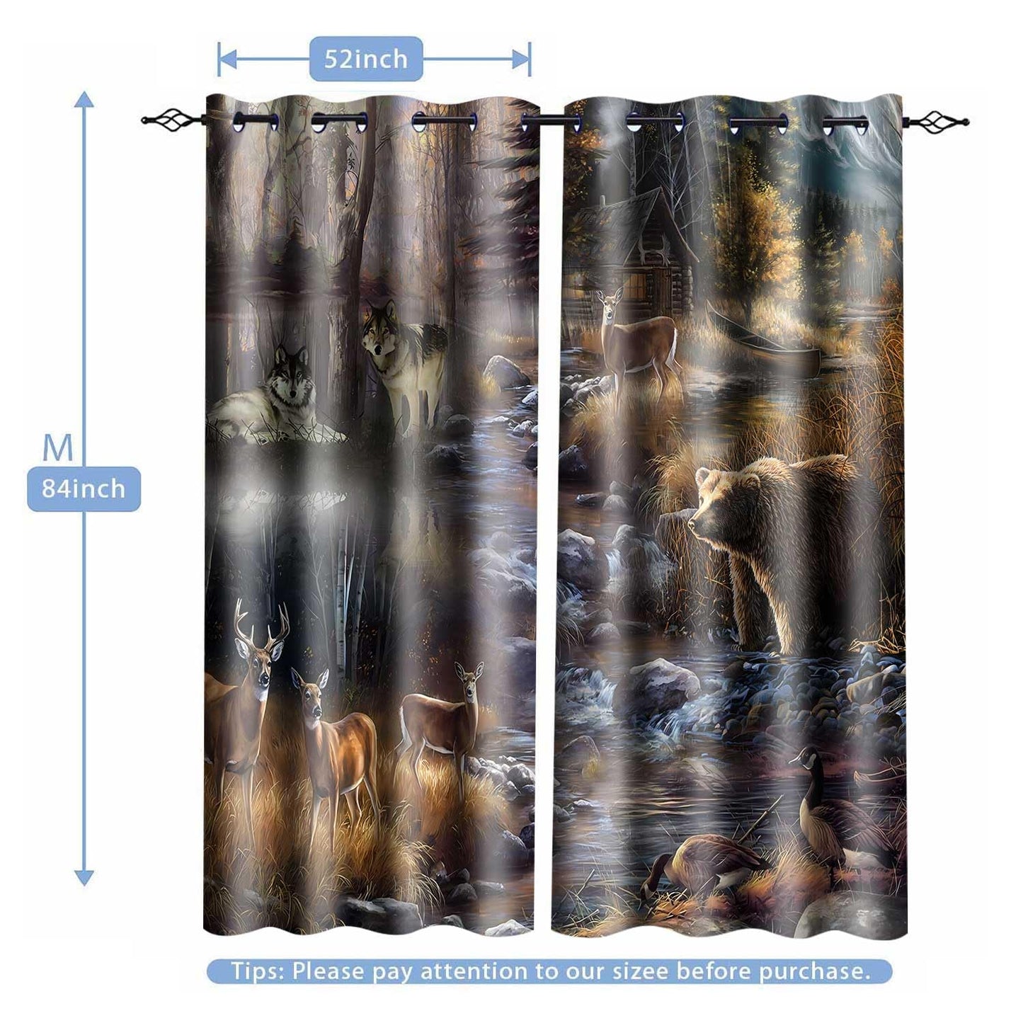 MIZSYE Rustic Lodge Curtains Wildlife Wolf Bear Elk Duck Country Style Blackout Curtain Forest River Nature Landscape Zoo Window Treatments for Bedroom Living Room 2 Panel 52x84inch CLDWMS0281