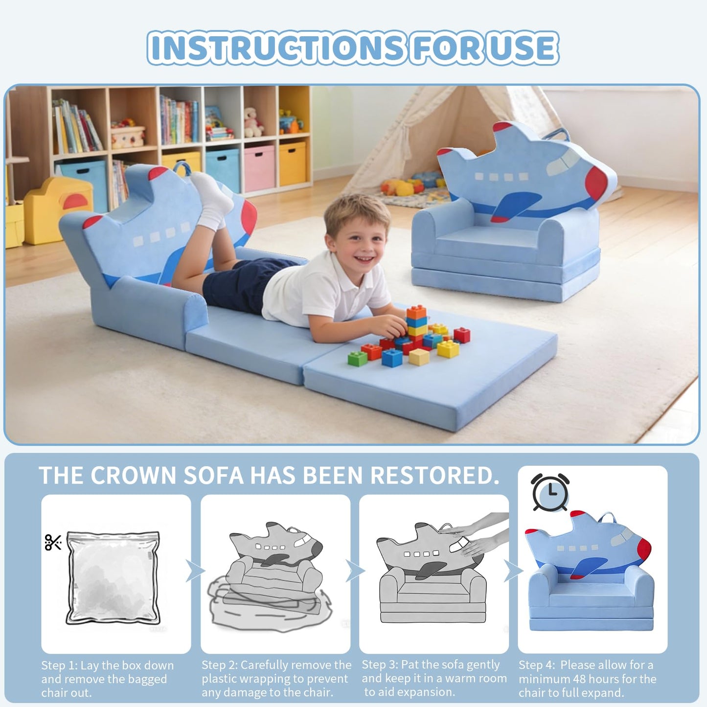 KKS KAKINNSYUU Toddler Couch 2 in 1 Flip-Out Kids Couch, Fold Out Foam Kids Sofa with Soft Washable Cover, Airplane Design for Playroom