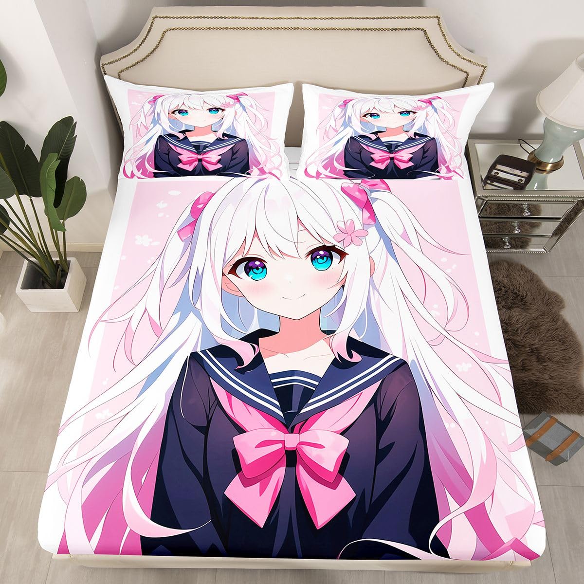 Erosebridal Kawaii Japanese Girl Sheets Cartoon Anime Bedding Set Twin for Kids Boys Girls 3D Japanese Style Bed Sheets Set Sailor Suit Uniform Girl Design Fitted Sheet + Top Sheet + 1 Pillowcase