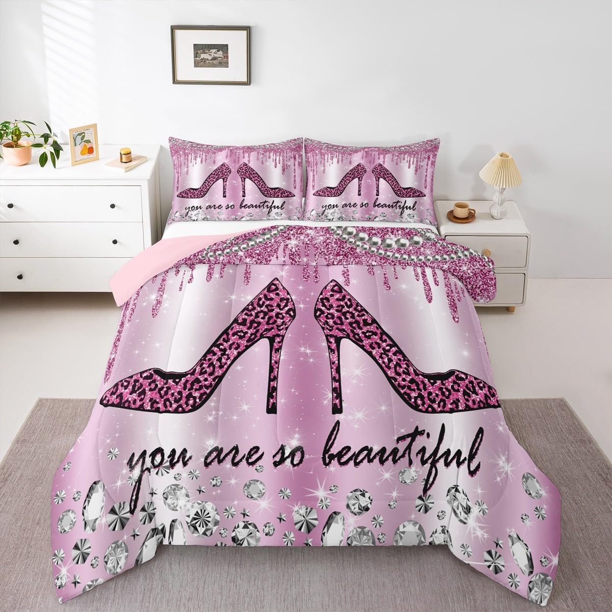 Purple Leopard Glitter Comforter Set Kids Girls Diamond Starry Galaxy Bedding Set Queen Size Sparkling Jewelry Quilt Set for Youth Women Bedroom Decor Modern Romantic High Heels Duvet Insert 3pcs