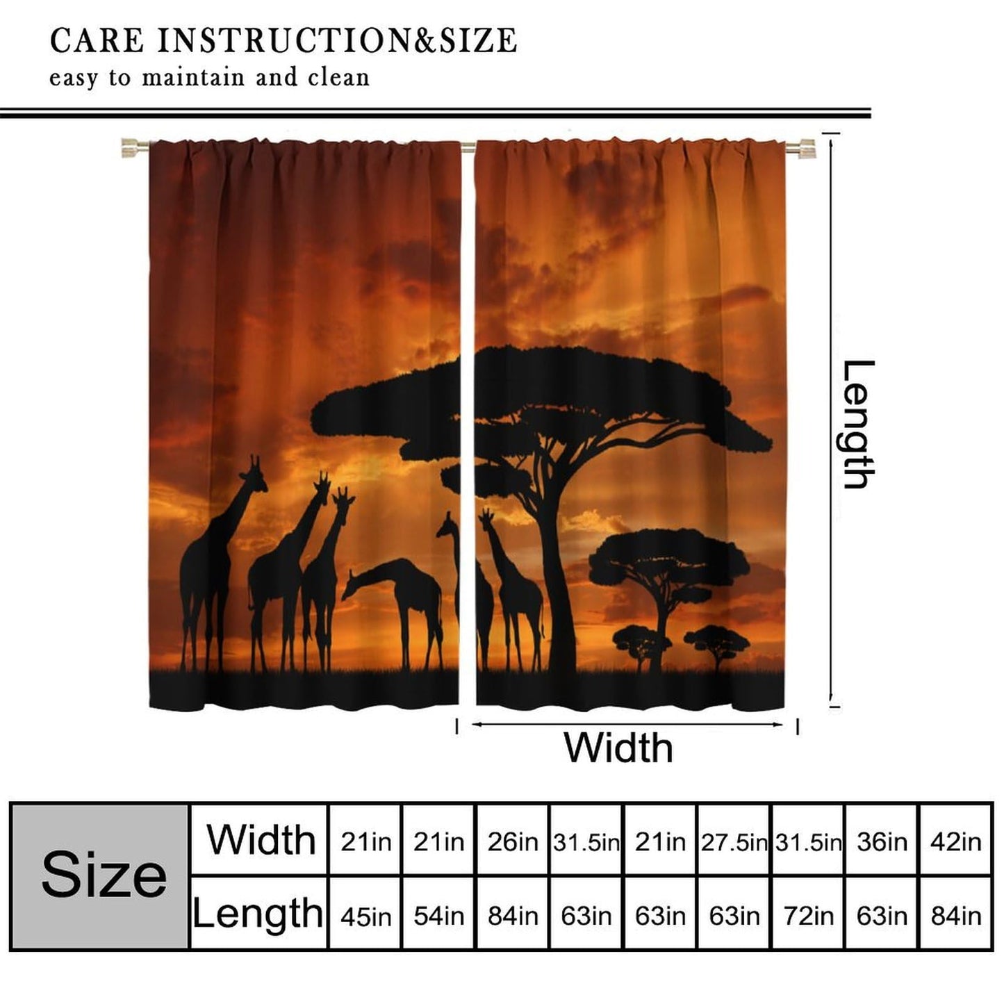 Africa Curtains, Savannah Animal Giraffe and Majestic Tree at Sunrise in Kenya, Living Room Bedroom Rod Pocket Blackout Window Drapes Burnt Orange and Black 42" W X 45" L