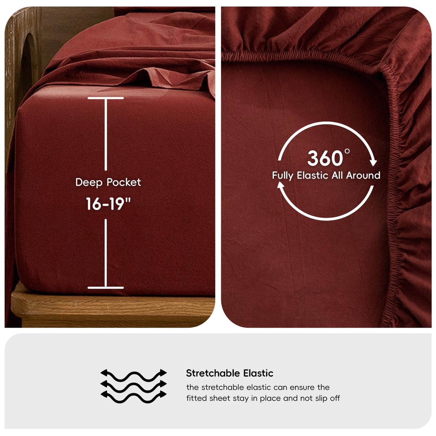 MooMee Fitted Bottom Sheet Only 100% Washed Cotton Linen Like Textured Breathable Durable Soft Comfy Deep Pocket Fits Mattress up to 17" (Solid Fired Brick Red, Queen)