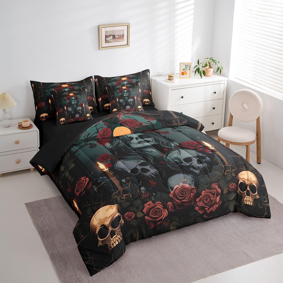 Erosebridal Rose Skull Full Comforter Set Goth Skull Valentine's Day 7 Piece Bedding Set Romantic Flowers Skeleton Bed in A Bag Cross Candle Sheet Set with Comforter for Teen Adults
