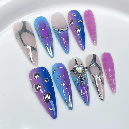10Pcs Blue Handmade False Nails Long Almond Press on Nails Ombre Fake Nails with 3D Swirl and Charms Design Acrylic Nails Press Ons Luxury Reusable Stick on Nail for Women (Size M)