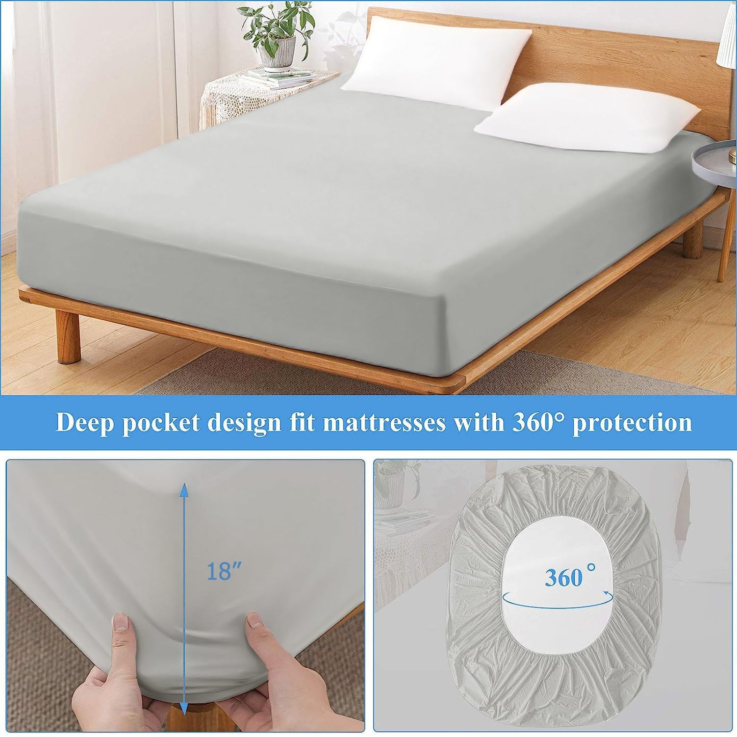 Twin Waterproof Mattress Protector - Noiseless, Breathable, Machine Washable Fitted Mattress Cover with Deep Pockets up to 5”-21”（Light Grey）