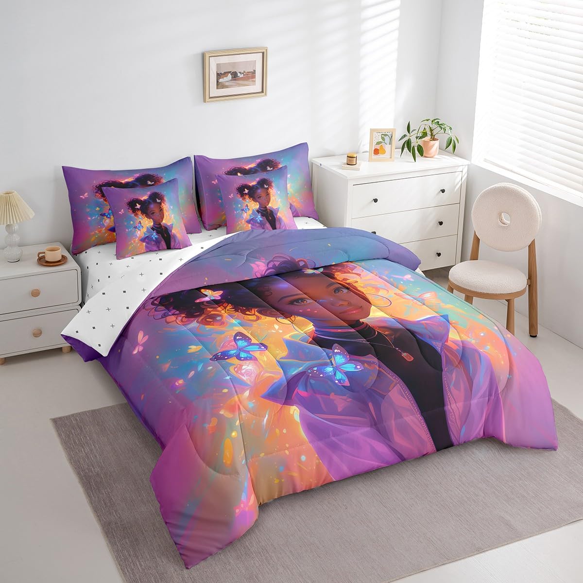 Castle Fairy Cool Girl Bedding Set,Neon Dreamy Butterfly Twin Comforter Set with Sheets for Kids Girls Teens Room Decor,African American Style Bed in a Bag 7 Piece for Bedroom Living Room