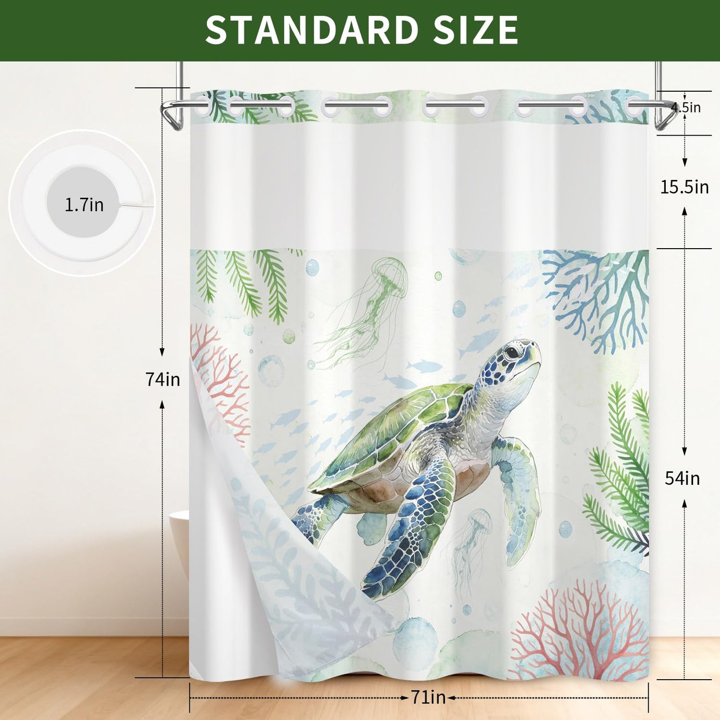 Snap On Shower Curtain Set 71x74 Inch, Hookless 2-in-1 Waterproof Curtain with Liner, Easy Install No Rings Needed, Beautiful Green Sea Turtle Underwater Scene, Durable Polyester Fabric