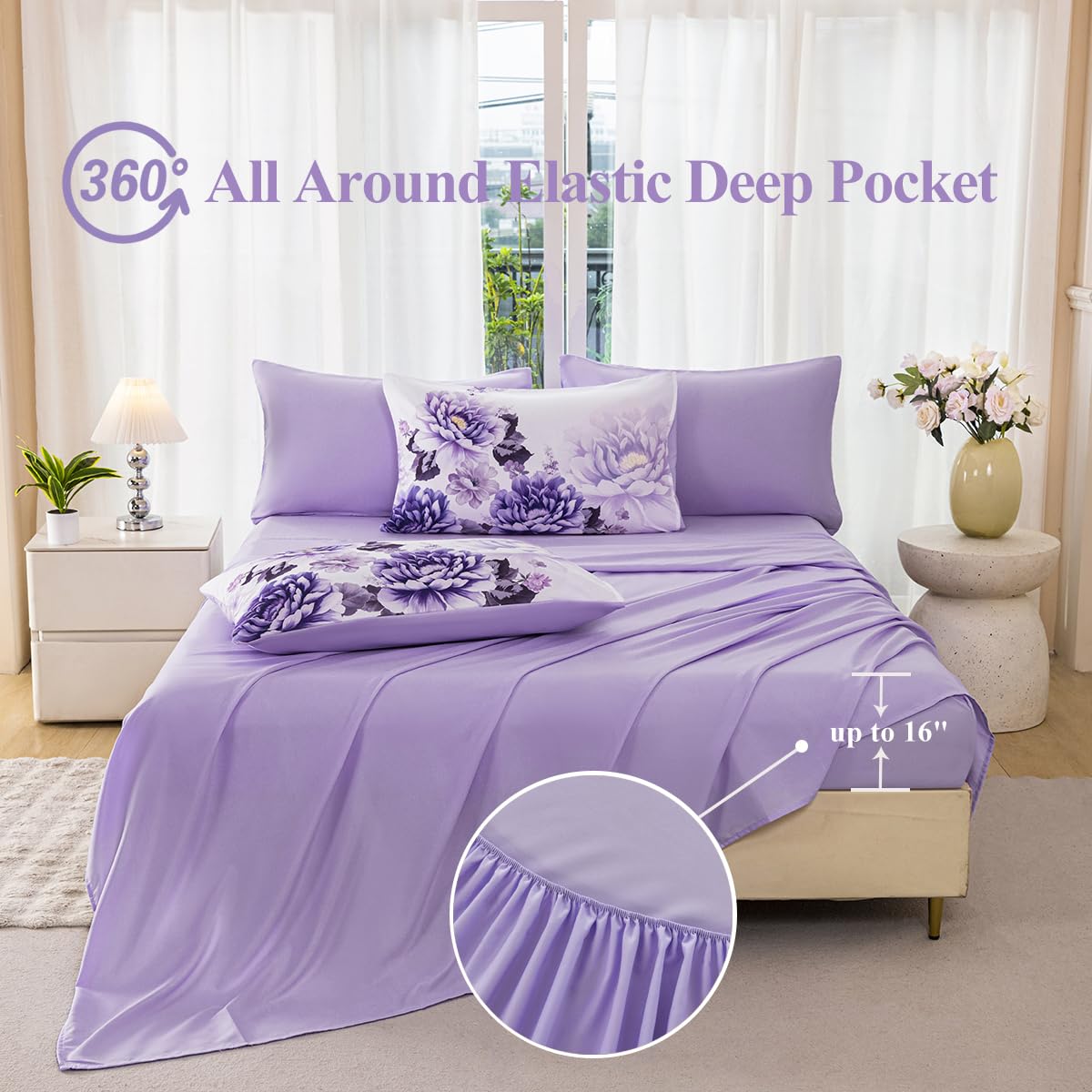 ZSYAYAHA Purple Comforter Set Queen 7 Pieces Floral Bedding Set for Women Flower Bed Set Soft Reversible Pink Peony Bed in A Bag with Sheets(Purple, Queen)