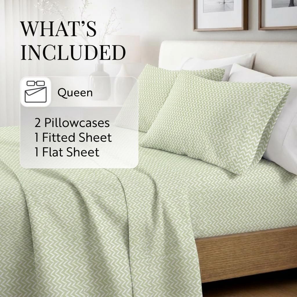 Linen Market Double-Brushed Patterned Microfiber Queen Sheet Set 4 Piece – Oeko-TEX Certified Ultra Soft & Wrinkle-Free - 16" Deep Pocket Sheets - Easy Care Queen Size - Puffed Chevron Sage