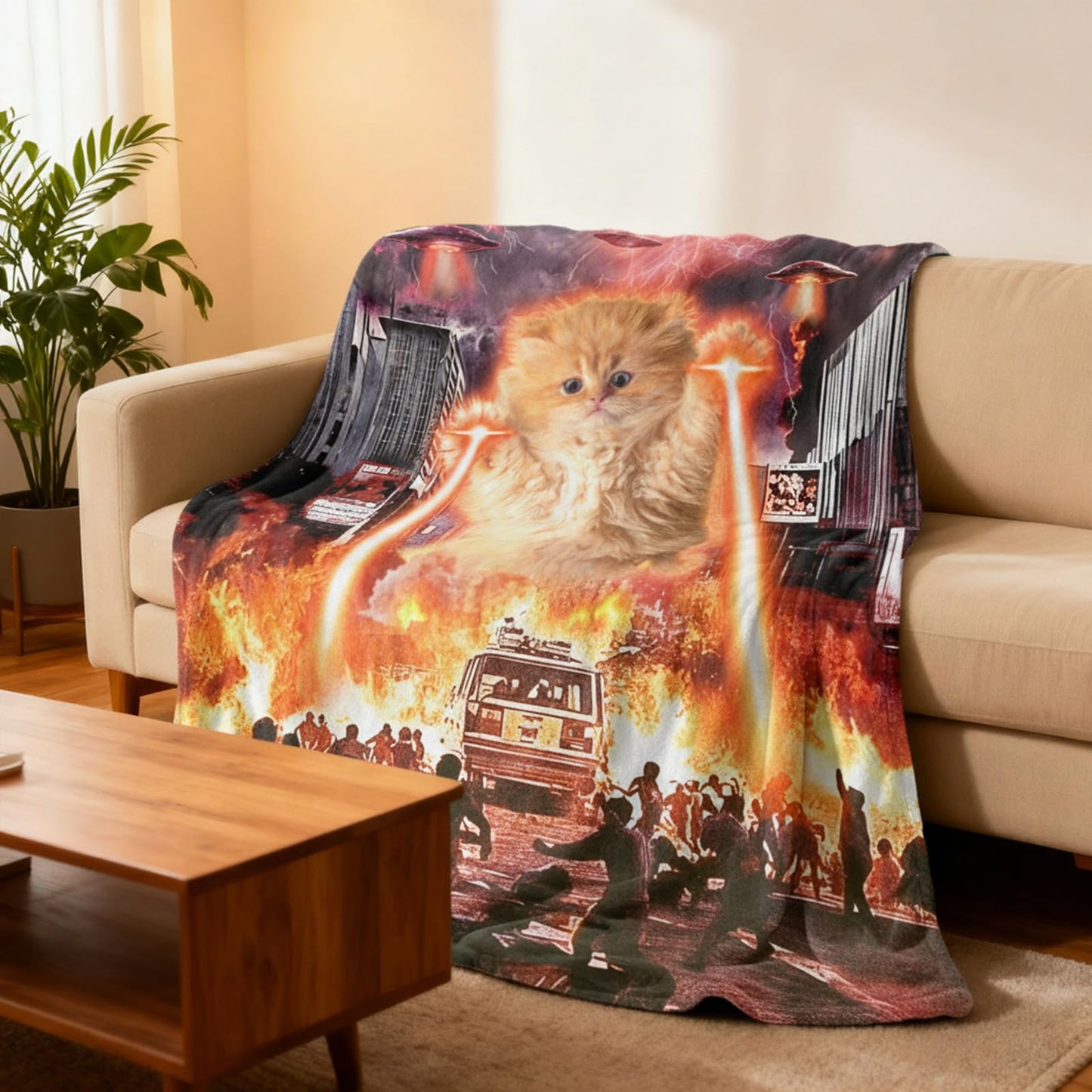 kampdream Funny Cat Flannel Blanket, Catzilla Giant Laser UFO Sci-Fi City Attack Blanket, Super Soft and Warm for Couch Sofa Living Room Unique 50×60 inch