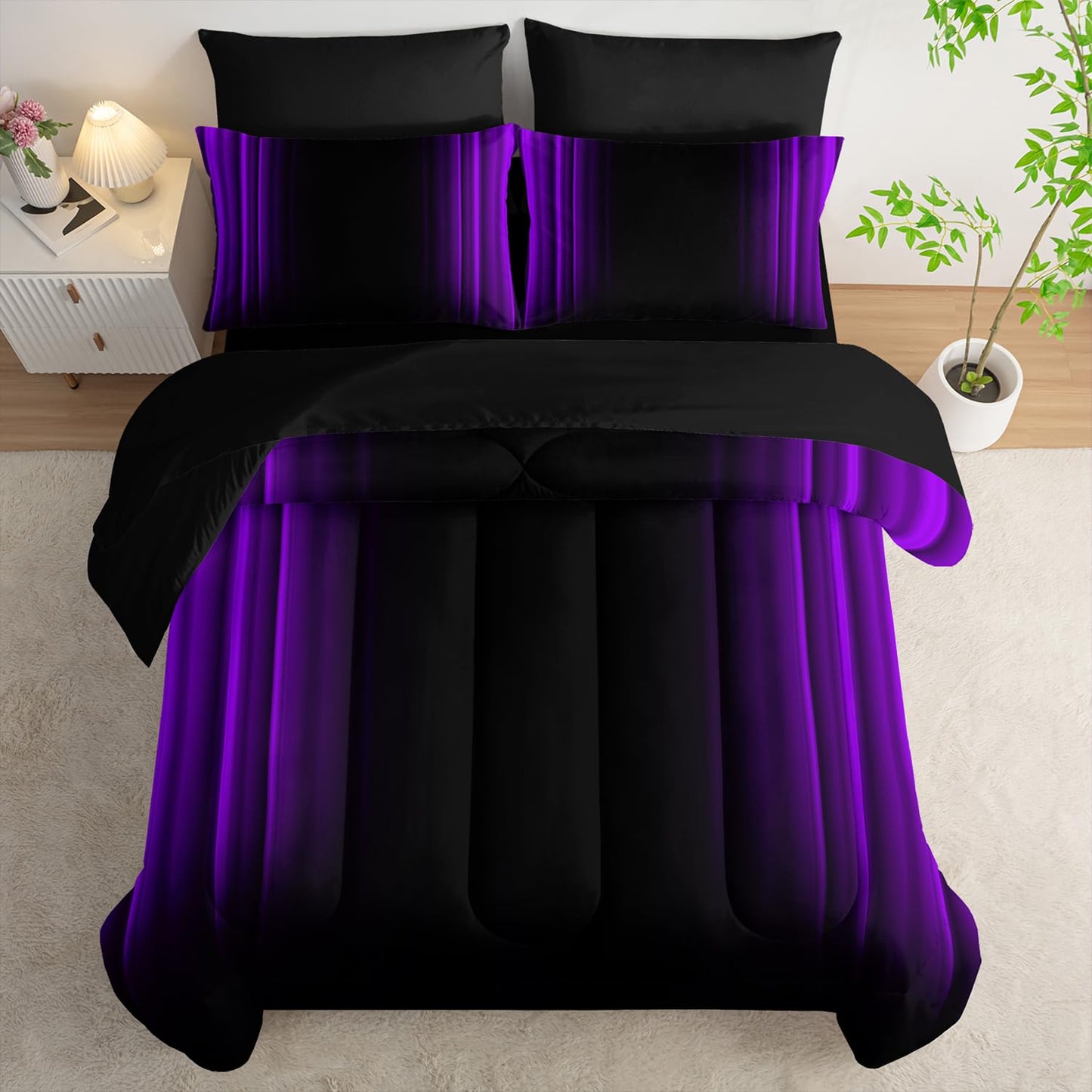 Nttopship Purple and Black Bedding Set King Size Abstract Ombre Comforter Set Bedding Set 7 Piece in A Bag,Dark Quilt Set Mordern Art Decor All Seasons with Pillowcases,Flat, Fitted Sheet