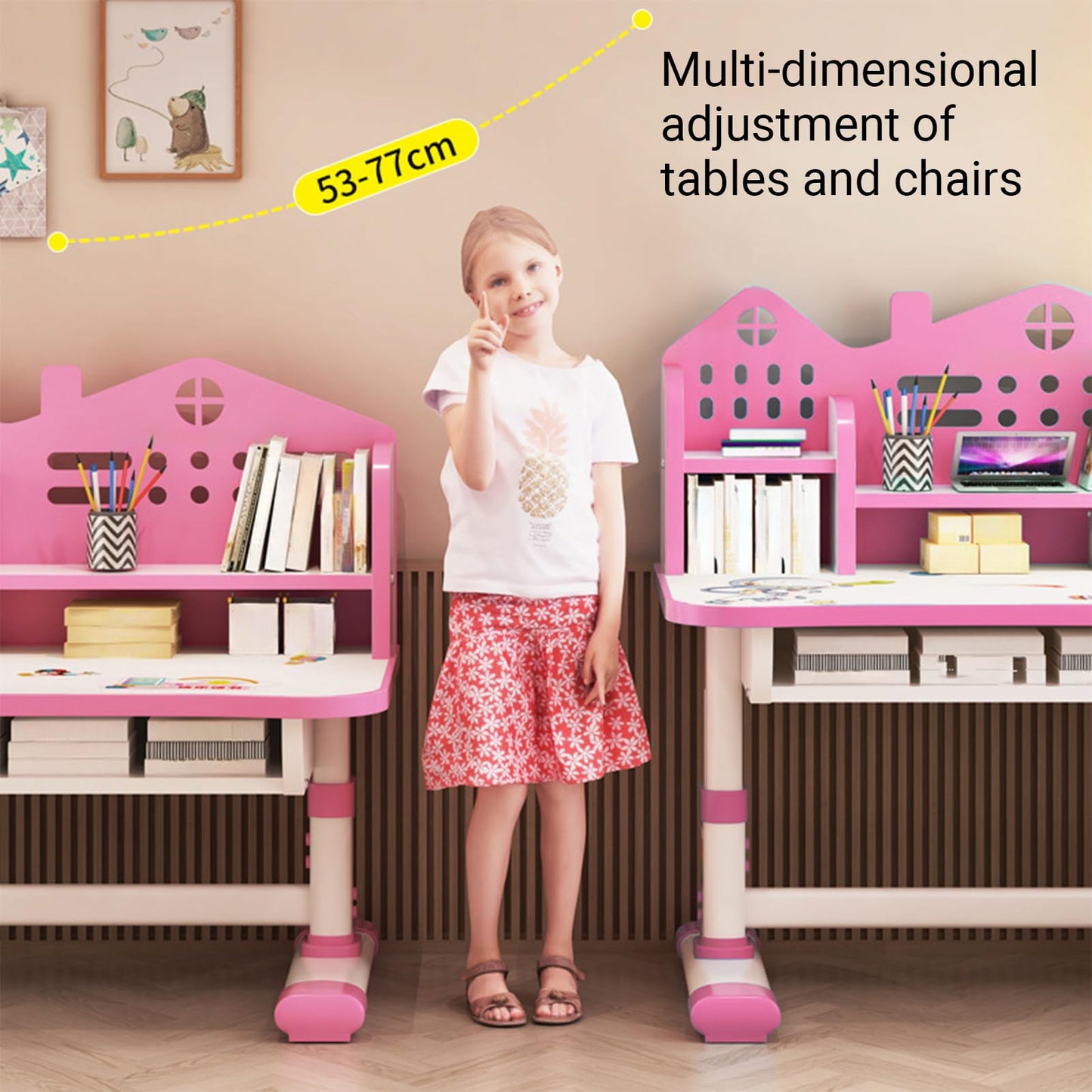 ZTGD Kids Adjustable Study Desk & Chair Set w/Storage,Drawers,Bookshelf,Child Toddler Writing Homework Table,Little Girl Work Computer Desk,Princess Preschool Table (Pink B)