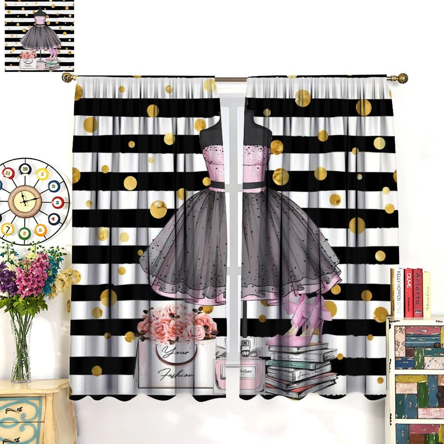 Girly Dresses Decor Window Curtain Pink Floral Girls Women Fashion Makeup Black And White Stripe Perfume Bottles High Heels for Home Kitchen Restaurant Decoration Window Curtain 2Panel 42"W X 45"L