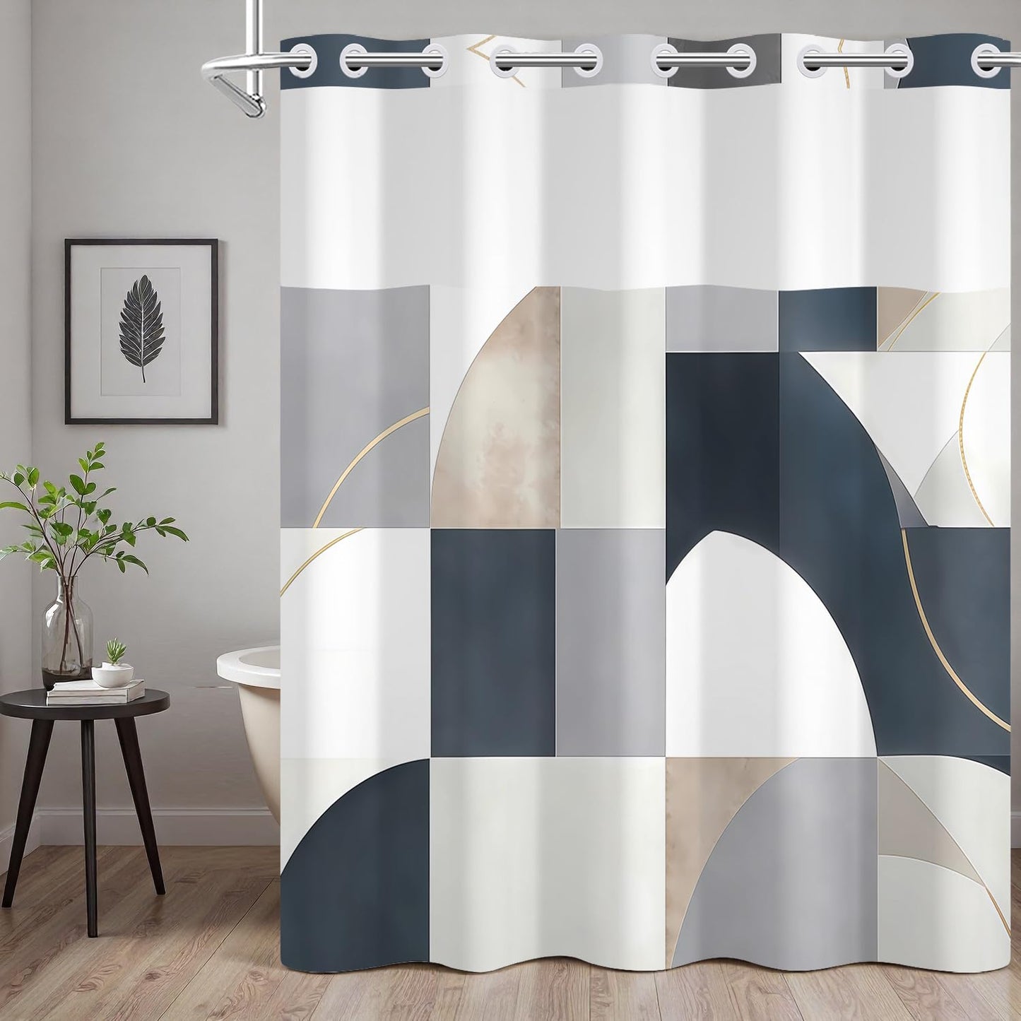 NAEMBCU Geometric Abstract No Hook Shower Curtain with Snap in Liner