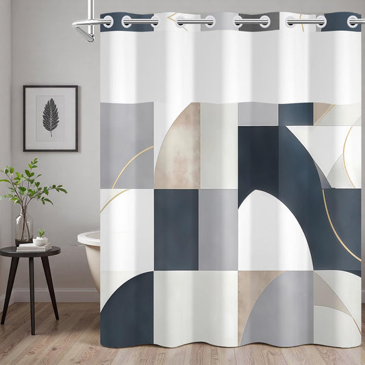NAEMBCU Geometric Abstract No Hook Shower Curtain with Snap in Liner