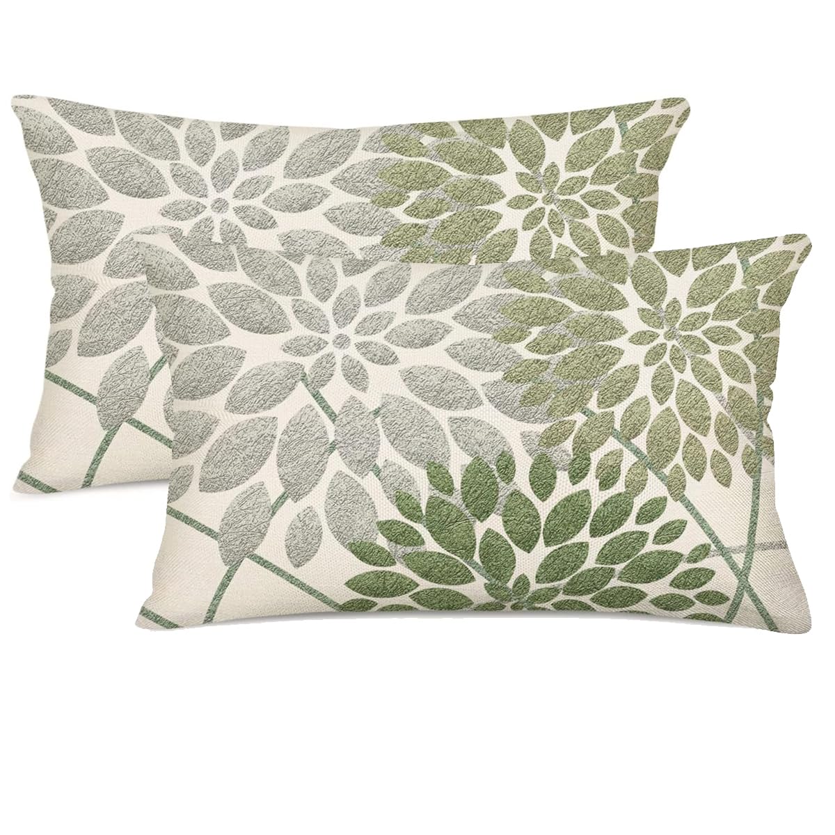 Auomily Sage Green Decorative Dahlia Boho Lumbar Pillow Covers 12x20 Inch Set of 2 Geometric Floral Elegant Gray Green White Decor Rustic Farmhouse Throw Pillows Cushion Cases for Sofa Bed Decor