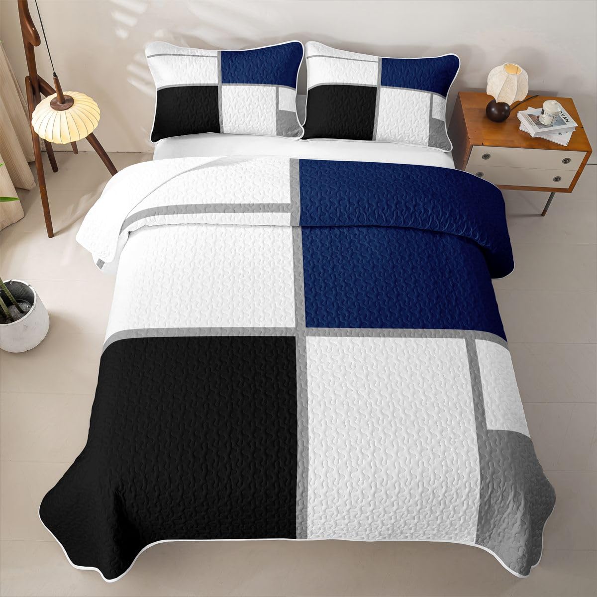 Erosebridal Geometric Quilt Twin for Adults Teens Black and White Abstract Quilt Set Navy Blue Striped Grid Coverlet for Minimalist Modern Art Patchwork Quilted Bedspread with 1 Pillowcase