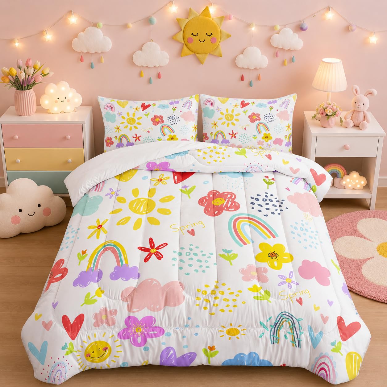 XYNHML Colorful Rainbow Comforter Graffiti Cute Sun Flowers Bedding 3Pcs Full Cartoon Hearts Cloud Pattern Quilt Set for Kids Teens Girls Boys Raindrop Bed Set with 1 Comforter and 2 Pillowcases
