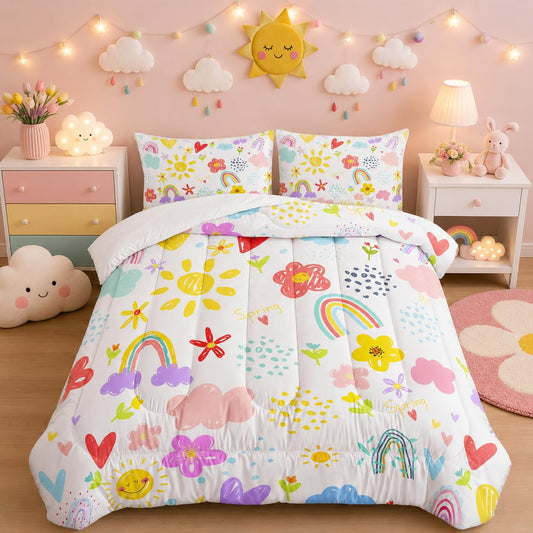 XYNHML Colorful Rainbow Comforter Graffiti Cute Sun Flowers Bedding 3Pcs Full Cartoon Hearts Cloud Pattern Quilt Set for Kids Teens Girls Boys Raindrop Bed Set with 1 Comforter and 2 Pillowcases